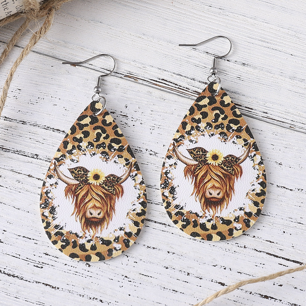 Wholesale Western cowboy double-sided PU leather water drop leopard print earrings